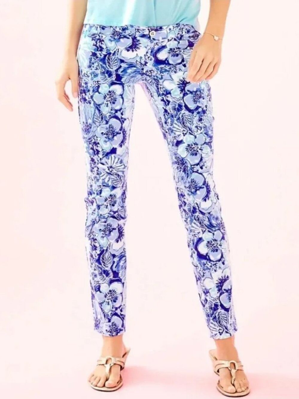 Lilly Pulitzer Kelly Pants 10 Floral Skinny Coastal Blue Catch N Keep Vacation